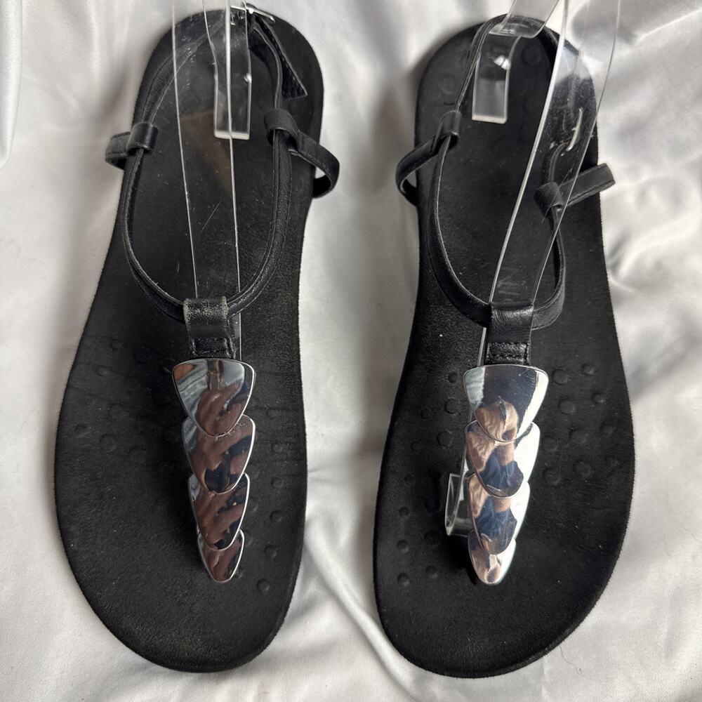 Vionic Miami Thong Sandals Black Silver Medallion Ankle Strap Size 10 Adjustable